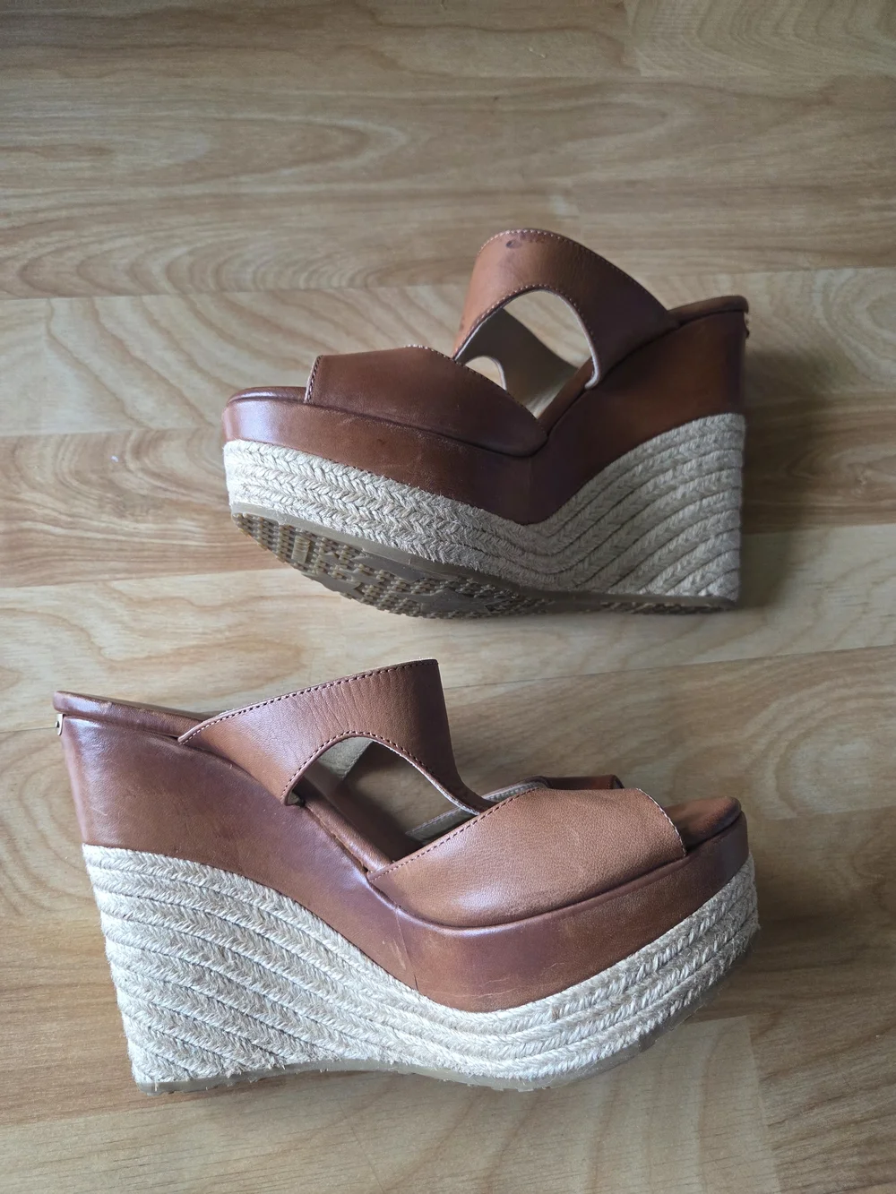 Jimmy Choo Tan Leather Espadrille Wedge Sandals